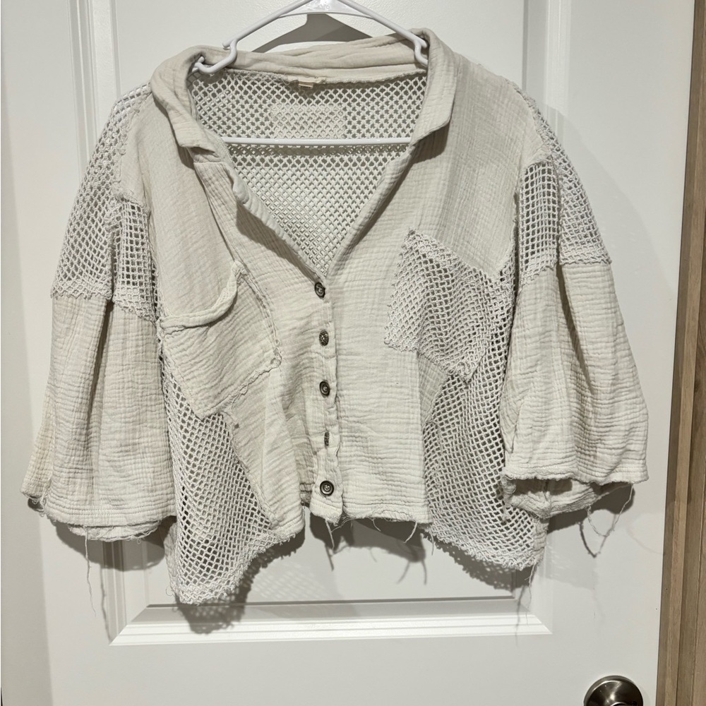 POL Cream Mesh Button-Up Jacket